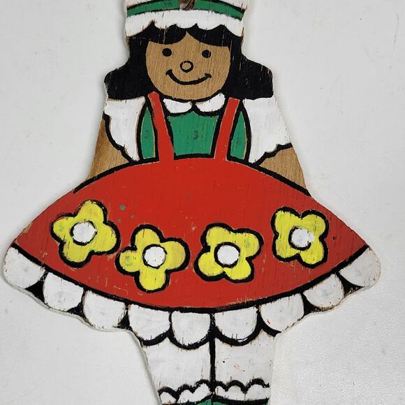 VINTAGE Wooden Girl Christmas Ornament 4" Red Hand Painted Flat Double Side 70s - Picture 8 of 12
